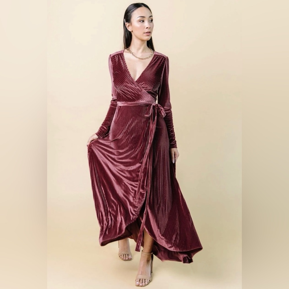 Baltic Born Jada Ribbed Velvet Wrap Dress - Size Large in shade Dark Rose